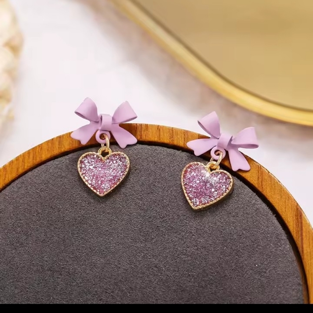 Earrings Women's Purple Crystal Heart‎ Bows Dangle New f76 - Picture 2 of 3